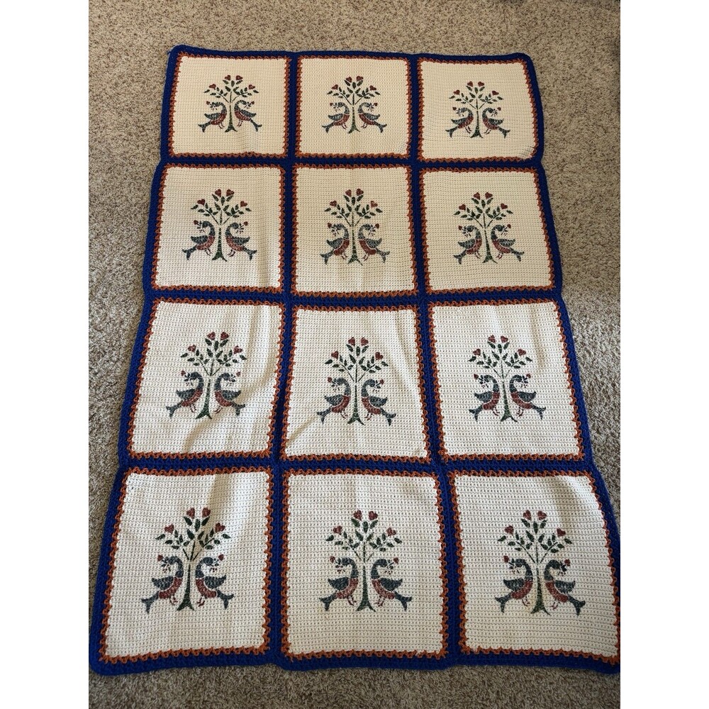 Vtg Stenciled Crochet Block Afghan, Pennsylvania Dutch Folk Pattern 46" x 68"